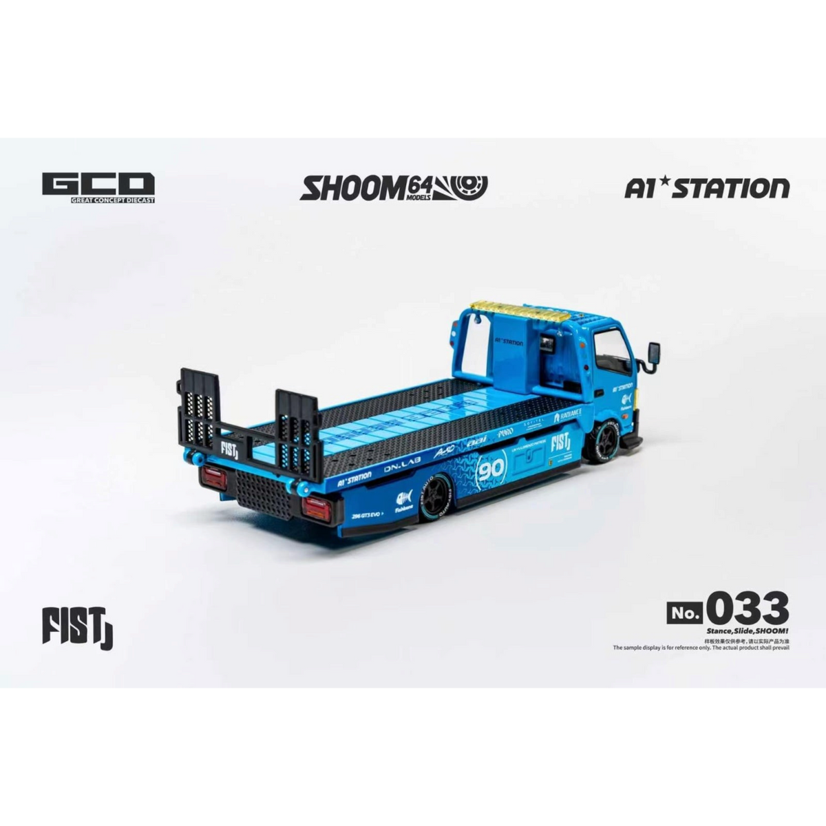 Lot57Supplies Diecast Shop 1:64 scale GCD Hino 300 custom drop-bed car carrier in blue FIST livery with racing decals