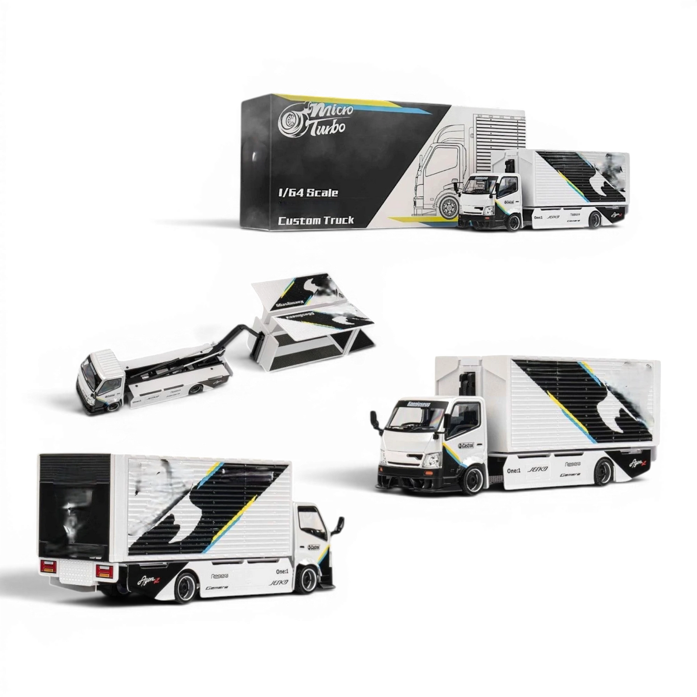 Lot57Supplies Diecast Shop MicroTurbo HINO 300 1:64 scale custom box truck with white and black livery and wide body kit