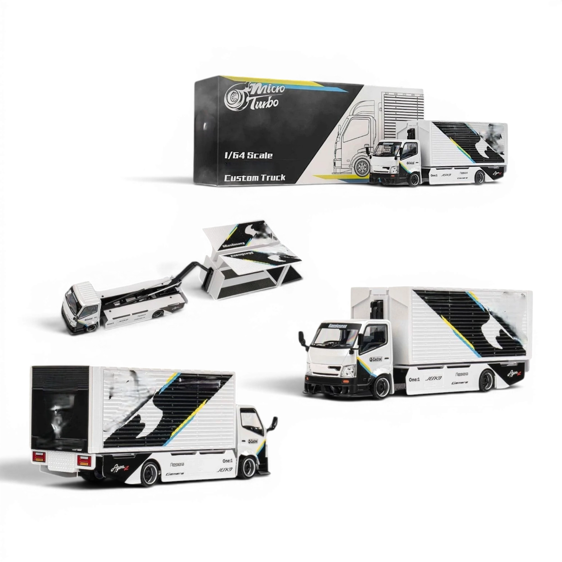 Lot57Supplies Diecast Shop MicroTurbo HINO 300 1:64 scale custom box truck with white and black livery and wide body kit