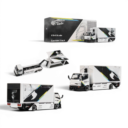 Lot57Supplies Diecast Shop MicroTurbo HINO 300 1:64 scale custom box truck with white and black livery and wide body kit