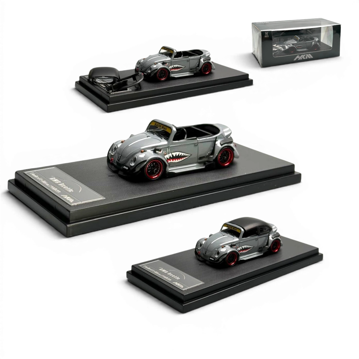 Lot57Supplies Diecast Shop HKM Model VW Beetle Convertible grey diecast model with shark mouth graphics and red wheels.