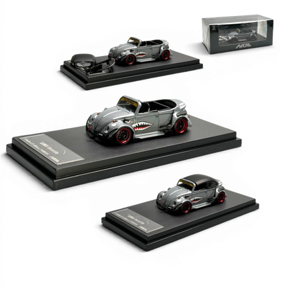 Lot57Supplies Diecast Shop HKM Model VW Beetle Convertible grey diecast model with shark mouth graphics and red wheels.