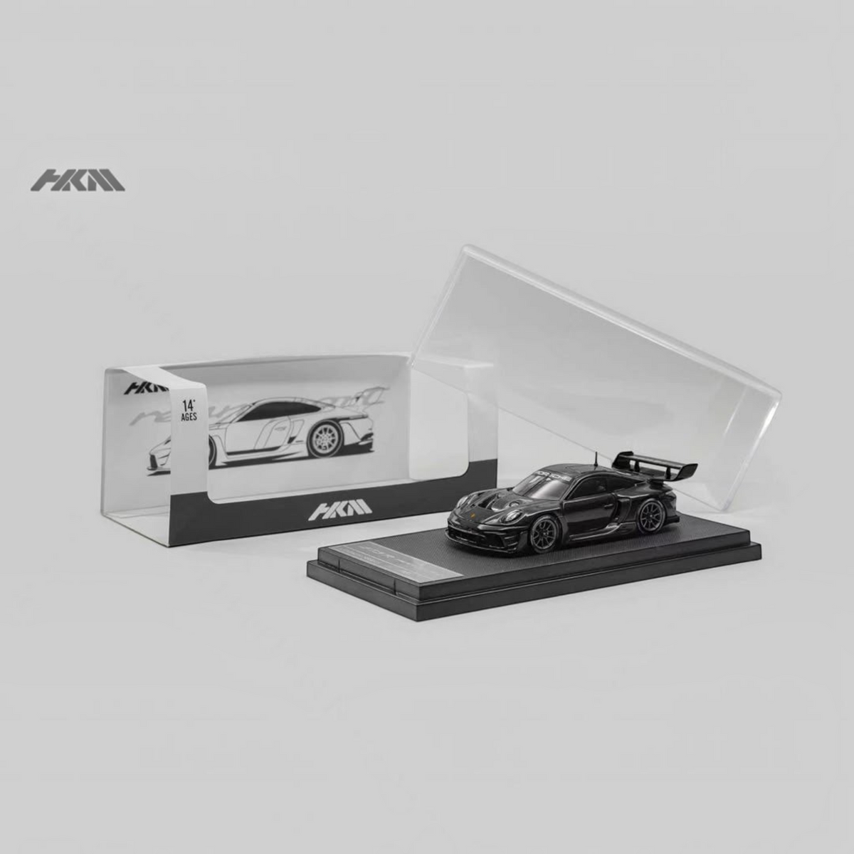 Lot57Supplies Diecast Shop HKM 1:64 scale gloss black Porsche 911 GT3 R Rennsport diecast model car with display case