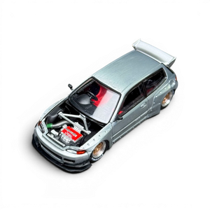 Lot57Supplies Diecast Shop 1:64 scale silver Honda Civic EG6 raw metal model with exposed engine and red interior.