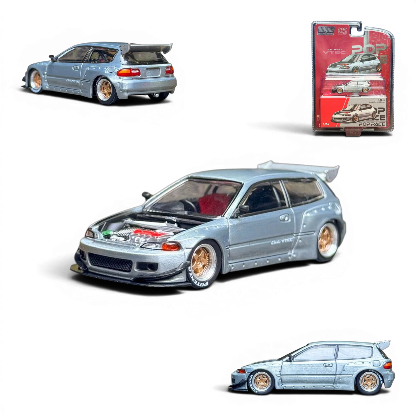 Lot57Supplies Diecast Shop 1:64 scale silver Honda Civic EG6 raw metal model with gold rims and red interior. Hood is open showing engine detail.