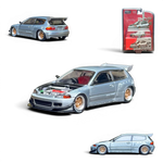 Lot57Supplies Diecast Shop 1:64 scale silver Honda Civic EG6 raw metal model with gold rims and red interior. Hood is open showing engine detail.