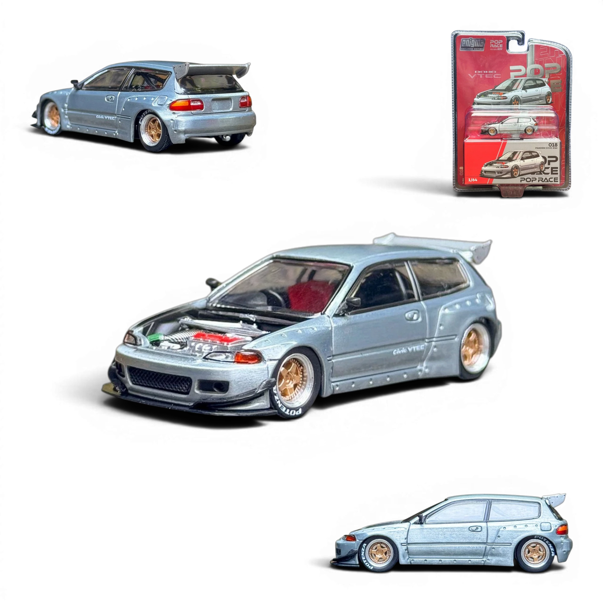 Lot57Supplies Diecast Shop 1:64 scale silver Honda Civic EG6 raw metal model with gold rims and red interior. Hood is open showing engine detail.