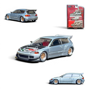 Lot57Supplies Diecast Shop 1:64 scale silver Honda Civic EG6 raw metal model with gold rims and red interior. Hood is open showing engine detail.