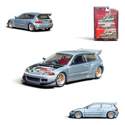 Lot57Supplies Diecast Shop 1:64 scale silver Honda Civic EG6 raw metal model with gold rims and red interior. Hood is open showing engine detail.