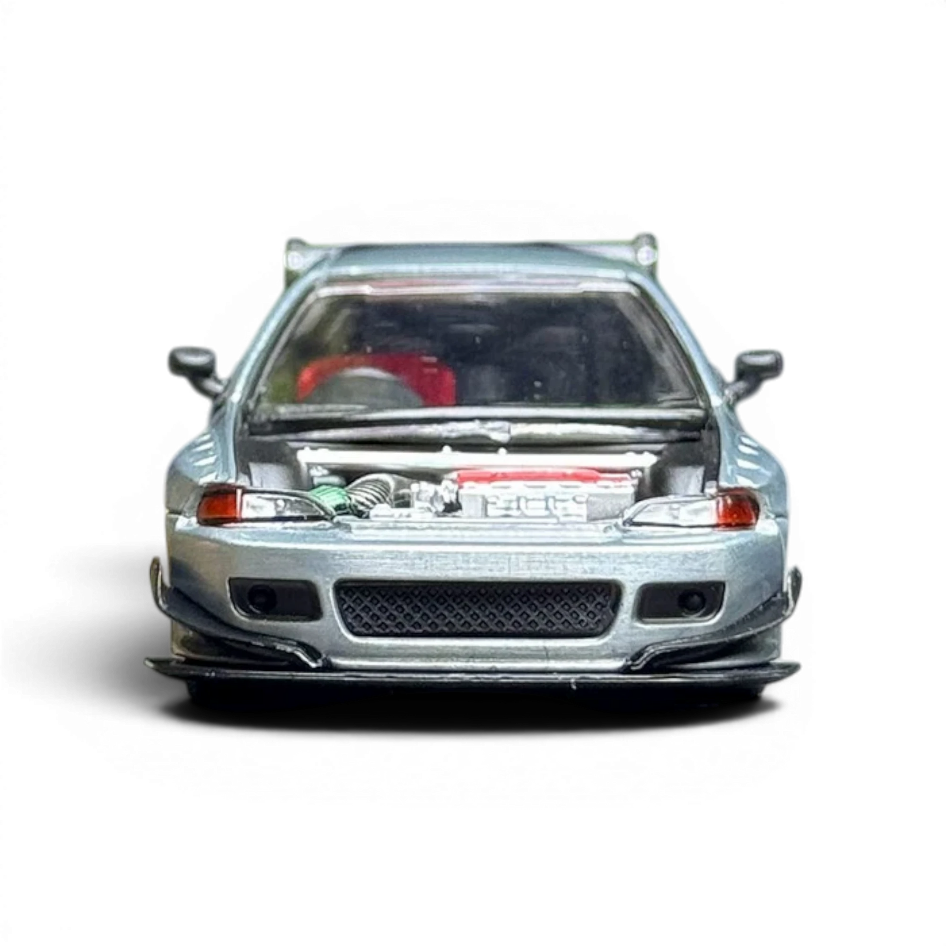 Lot57Supplies Diecast Shop 1:64 scale raw metal Honda Civic EG6 model car with open hood showing engine detail and red interior.