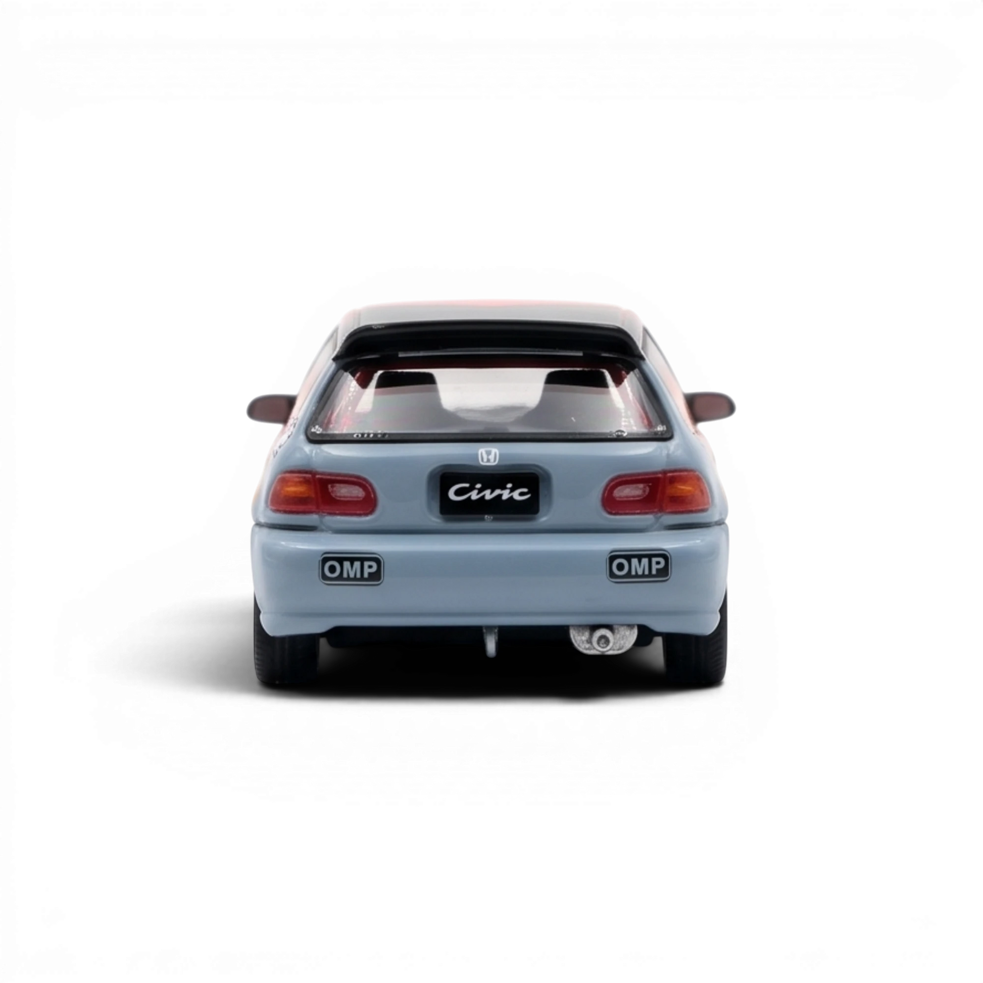 Rear view of a light blue Street Weapon Honda Civic EG6 1:64 scale diecast model car with OMP racing decals.