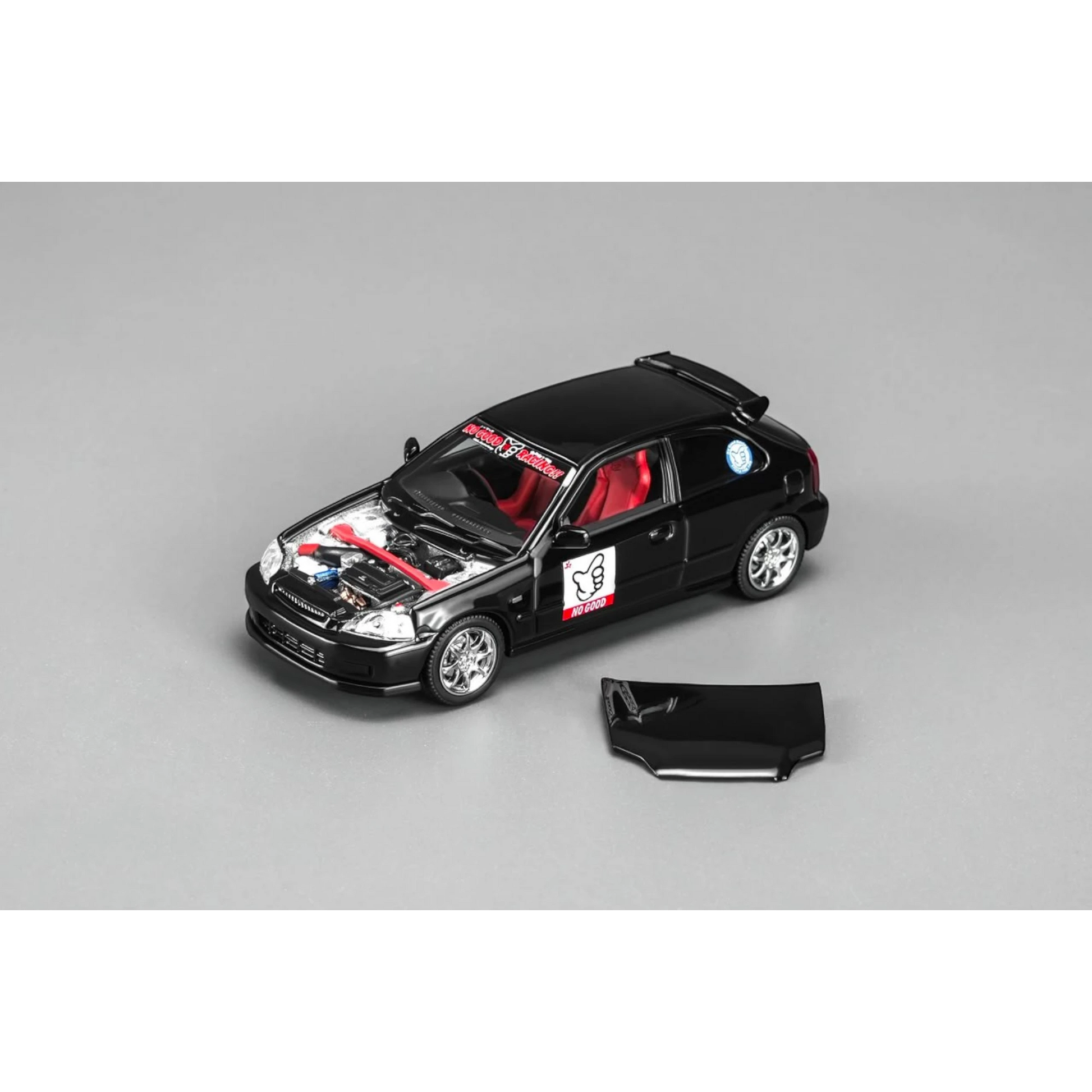 Lot57Supplies Diecast Shop 1:64 scale black Honda Civic Type R EK9 NO GOOD Racing diecast model with open hood