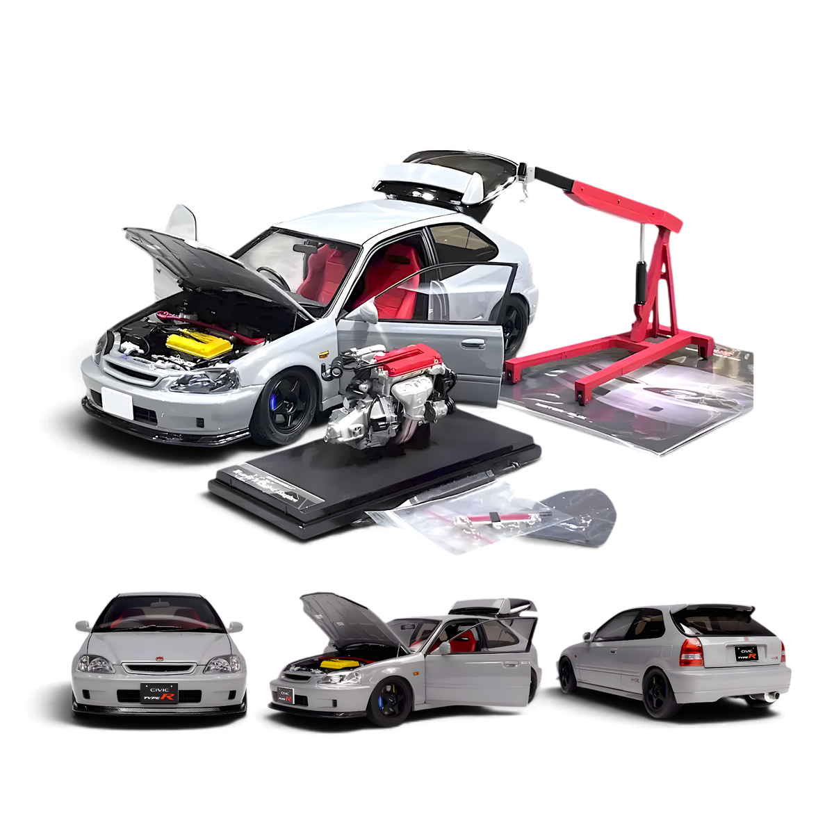 Lot57Supplies Diecast Shop 1:18 scale Nardo Grey Honda Civic Type-R EK9 diecast model with engine and crane accessory
