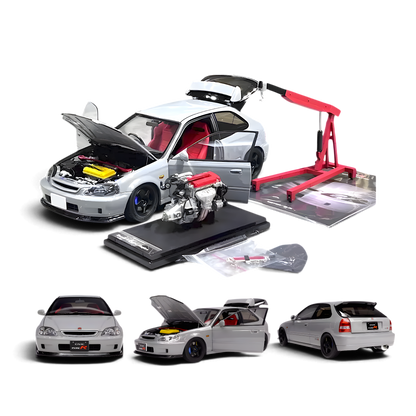 Lot57Supplies Diecast Shop 1:18 scale Nardo Grey Honda Civic Type-R EK9 diecast model with engine and crane accessory