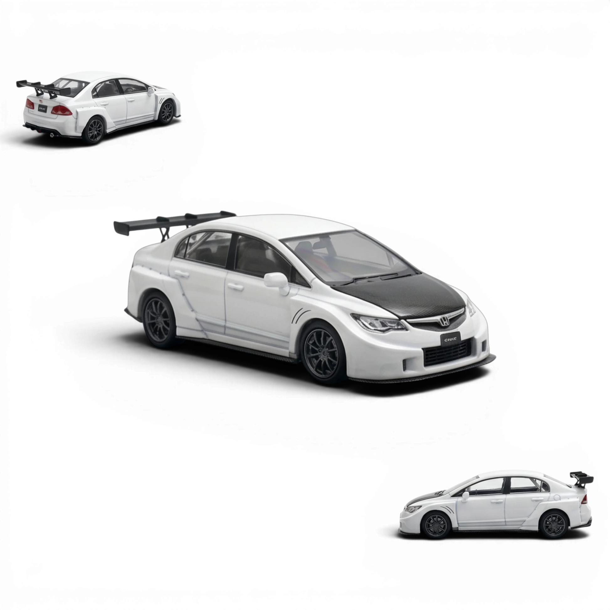Lot57Supplies Diecast Shop Mini Station 1:64 Honda Civic FD2 white diecast model with carbon fiber hood and widebody.