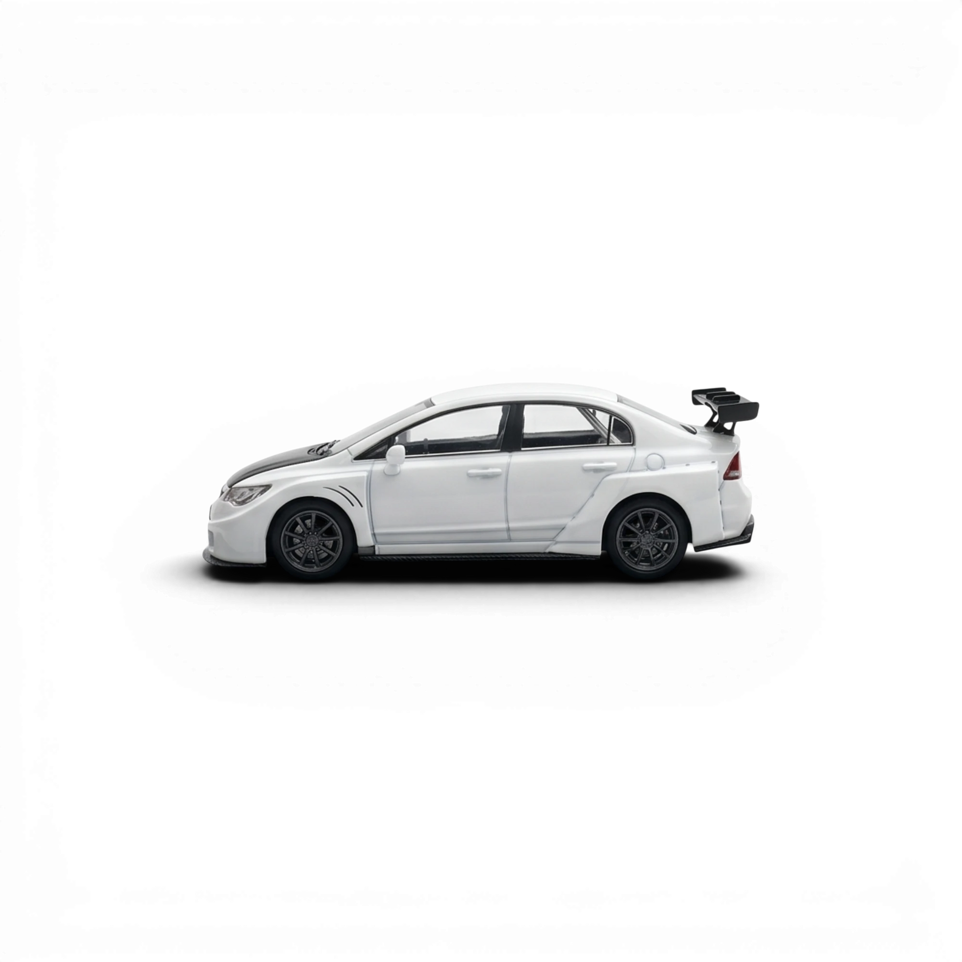 Lot57Supplies Diecast Shop 1:64 Mini Station Honda Civic FD2 white widebody model car with carbon hood and rear wing.