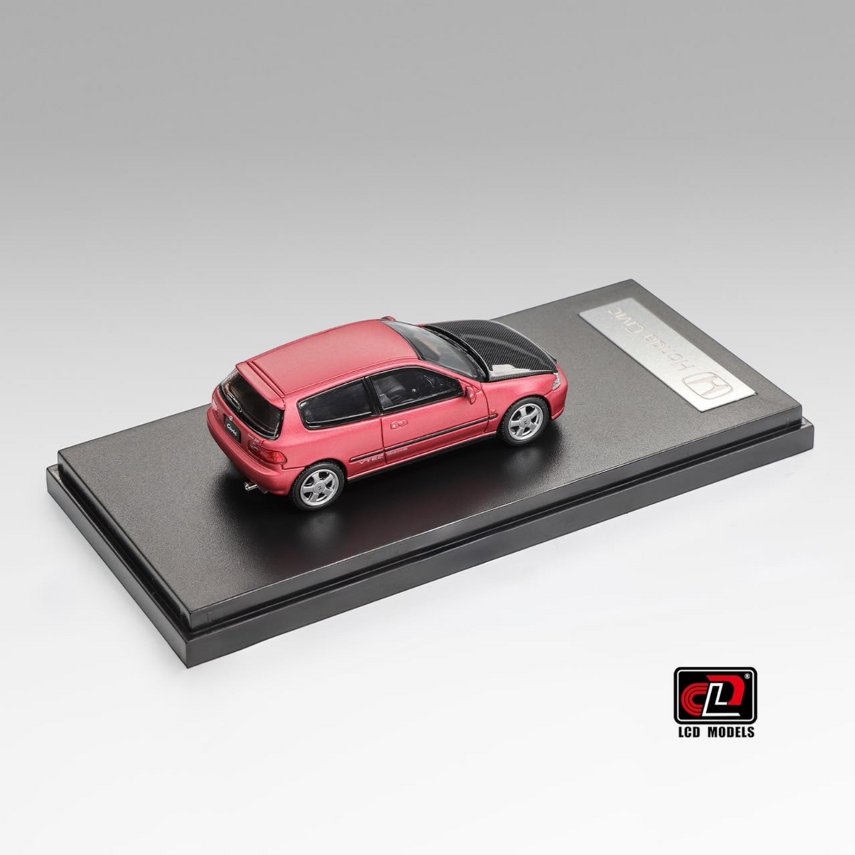 Lot57Supplies Diecast Shop 1:64 scale red Honda Civic SiR II EG6 diecast model with carbon fiber hood on display base