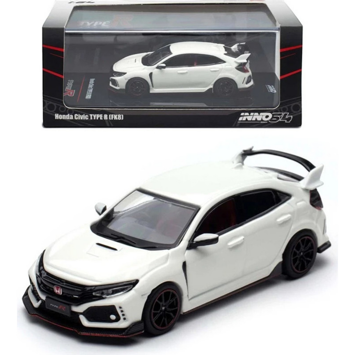 Lot57Supplies Diecast Shop INNO64 white Honda Civic Type-R FK8 1:64 scale die-cast model car with black spoiler