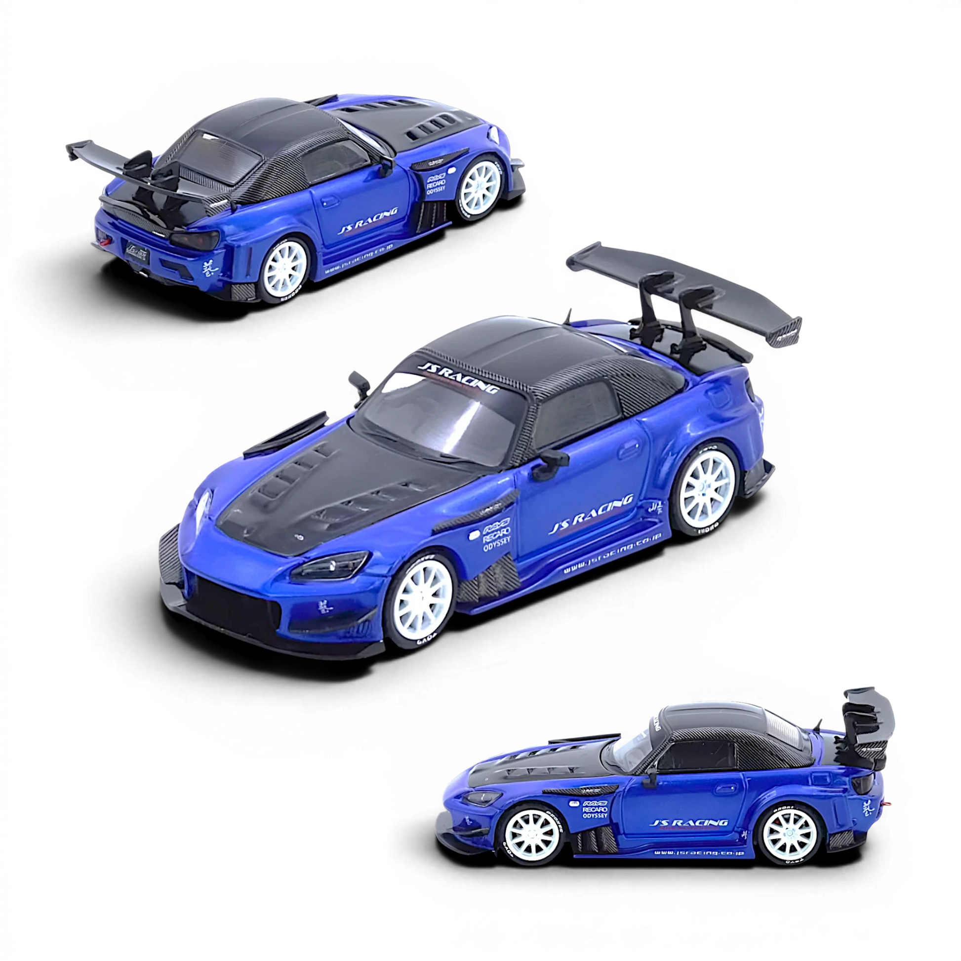 Lot57Supplies Diecast Shop INNO64 Honda S2000 J's Racing diecast model car in blue with white wheels and rear wing.