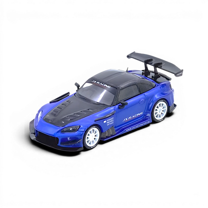 Lot57Supplies Diecast Shop INNO64 Honda S2000 J's Racing diecast model car in blue with carbon fiber hood and spoiler