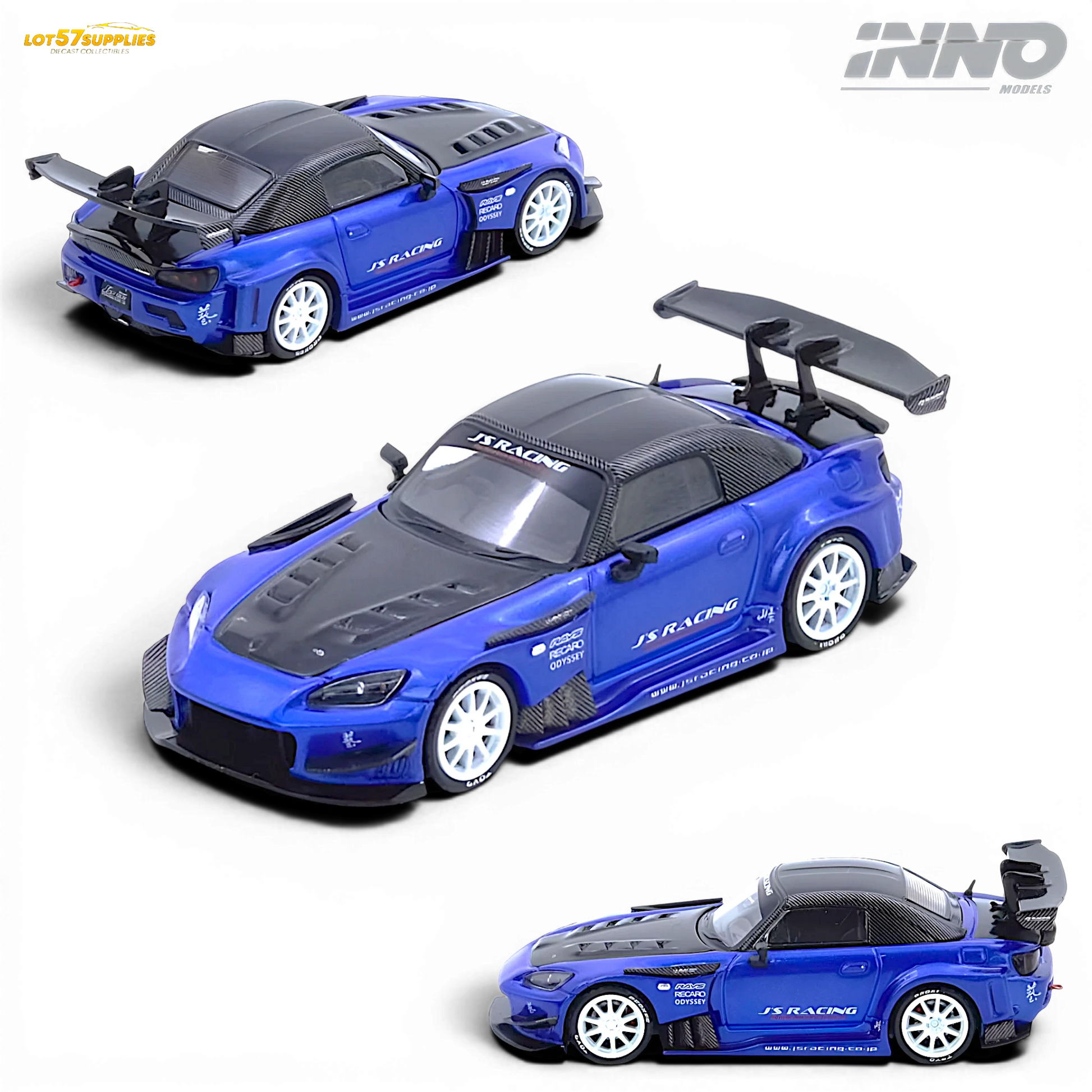 Lot57Supplies Diecast Shop 1:64 scale blue Honda S2000 J's Racing diecast model car with white wheels and rear wing