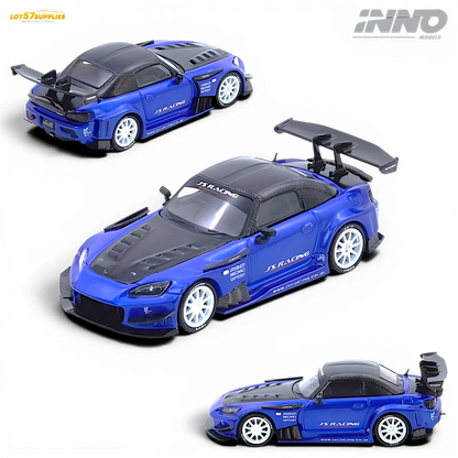 Lot57Supplies Diecast Shop 1:64 scale blue Honda S2000 J's Racing diecast model car with white wheels and rear wing