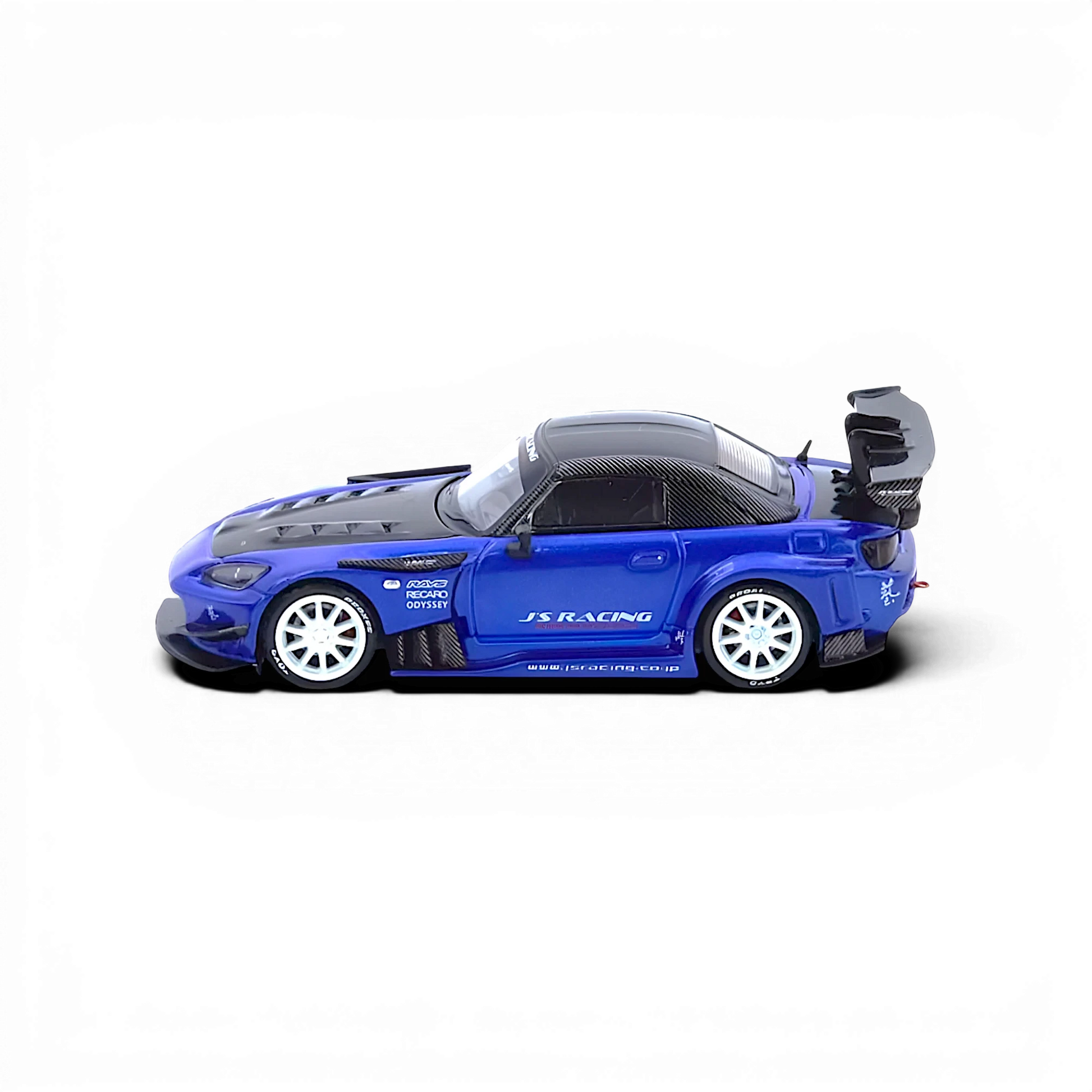 Lot57Supplies Diecast Shop INNO64 Honda S2000 J's Racing diecast model car in blue with white wheels and carbon roof