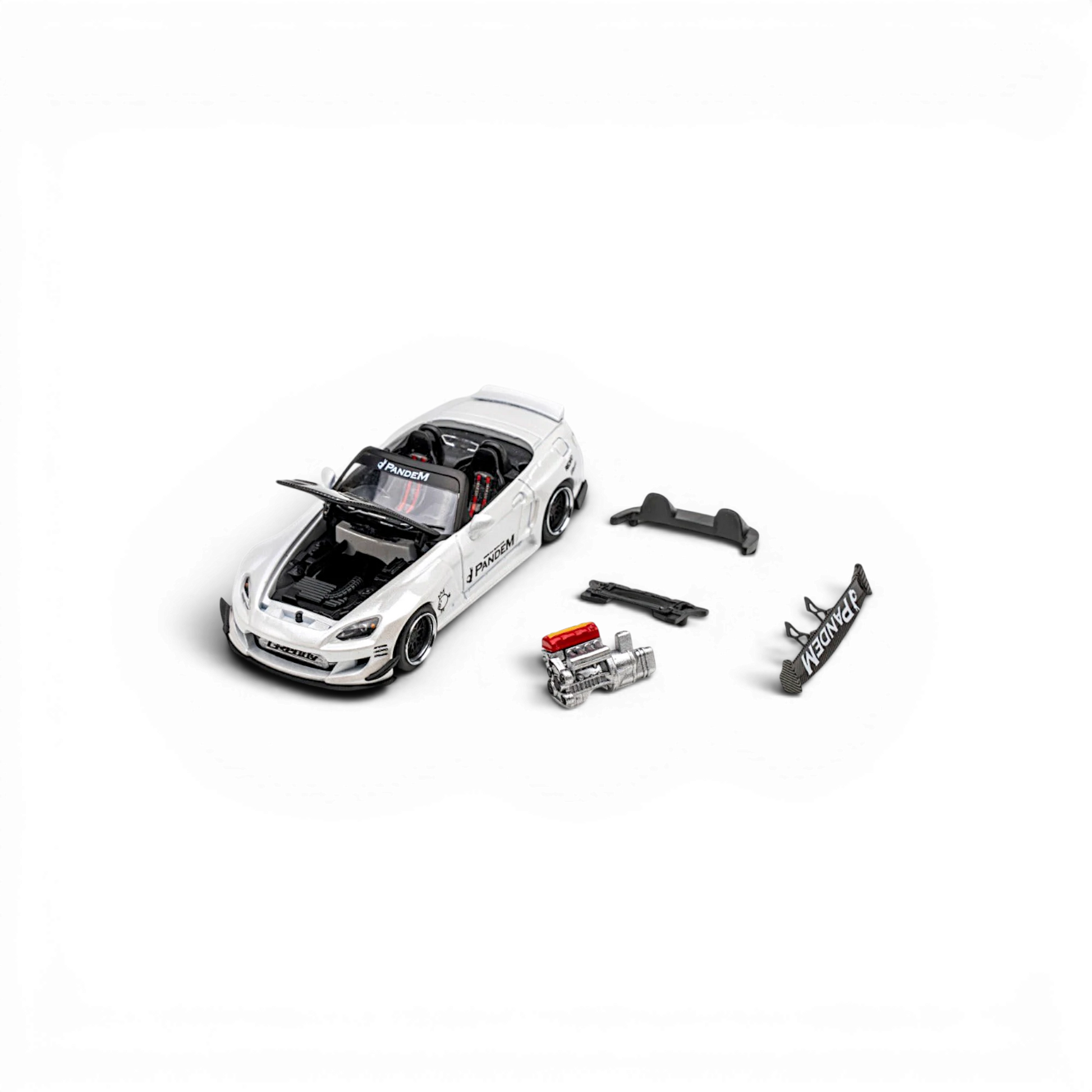 Lot57Supplies Diecast Shop Microturbo 1:64 scale metallic white Honda S2000 RB diecast model with engine accessories.