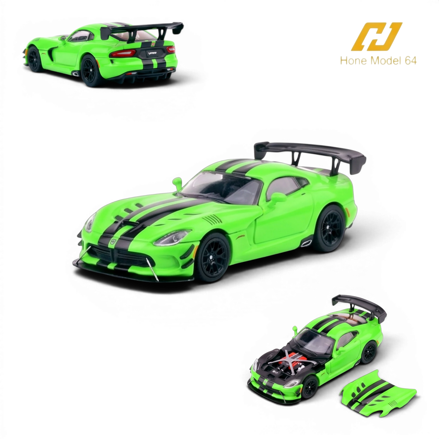 Lot57Supplies Diecast Shop Hone Model Dodge Viper ACR 1:64 scale diecast model in Viper Green with black racing stripes. Features magnetic hood and engine details.