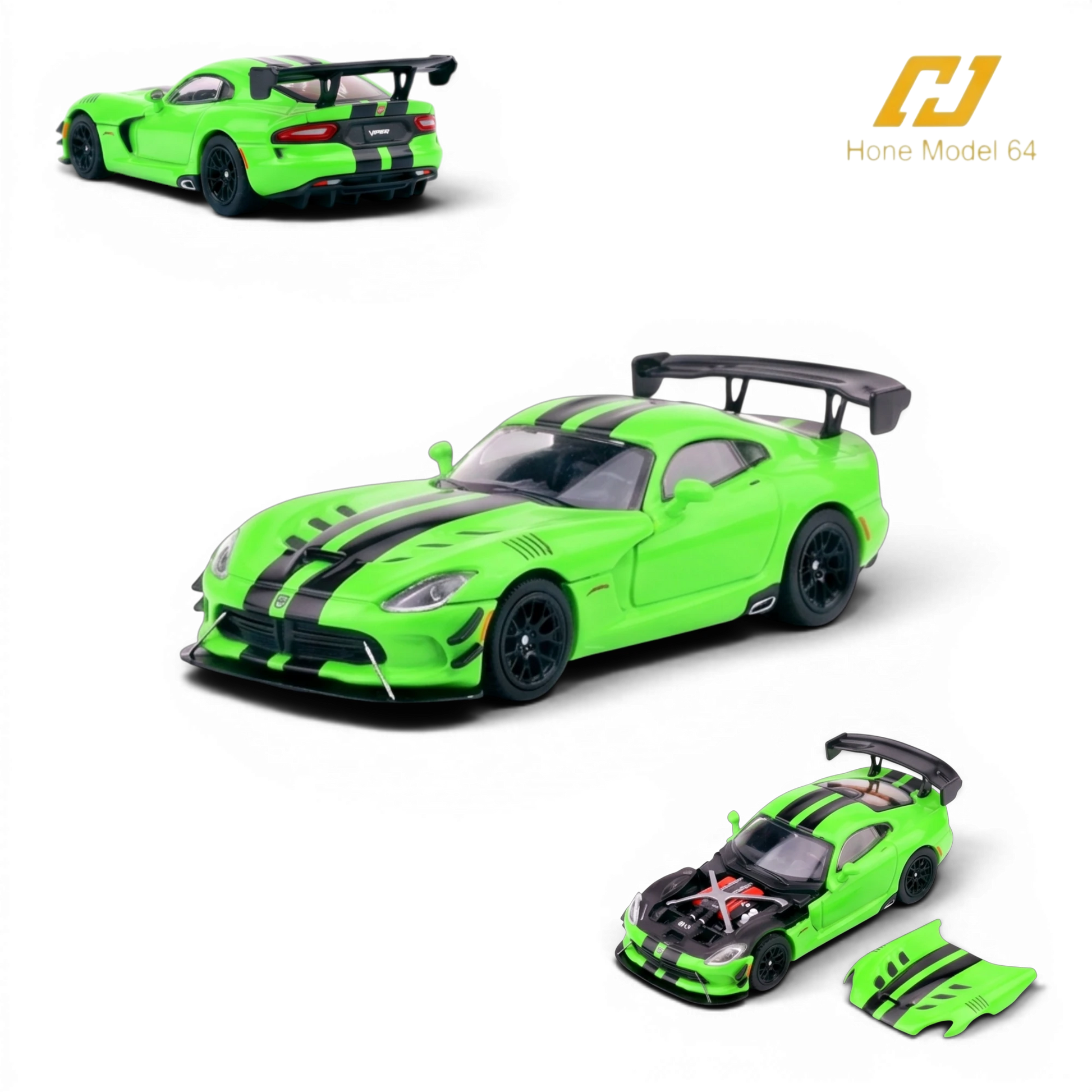 Lot57Supplies Diecast Shop Hone Model Dodge Viper ACR 1:64 scale diecast model in Viper Green with black racing stripes. Features magnetic hood and engine details.