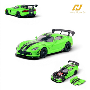 Lot57Supplies Diecast Shop Hone Model Dodge Viper ACR 1:64 scale diecast model in Viper Green with black racing stripes. Features magnetic hood and engine details.