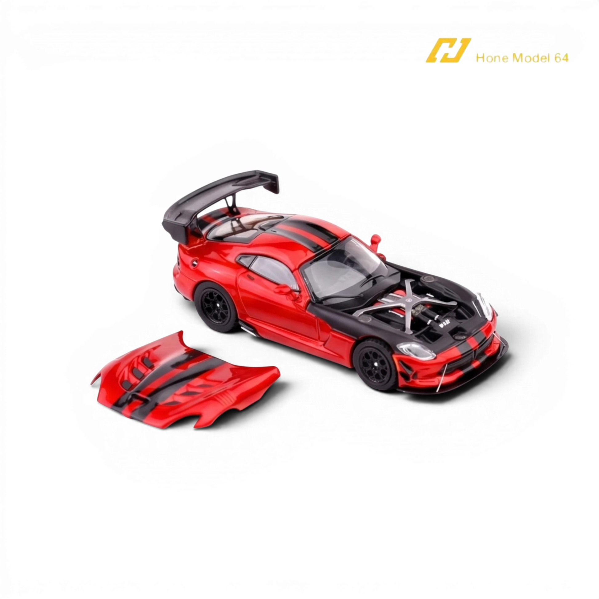 Lot57Supplies Diecast Shop: Transparent red 1:64 scale Hone Model Dodge Viper ACR with black racing stripes and magnetic hood open showing engine details.