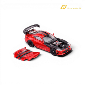 Lot57Supplies Diecast Shop: Transparent red 1:64 scale Hone Model Dodge Viper ACR with black racing stripes and magnetic hood open showing engine details.