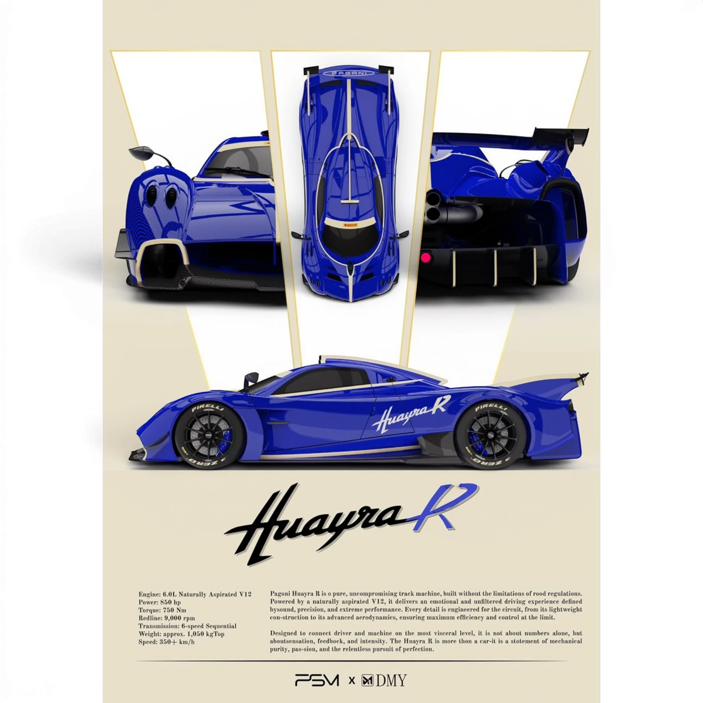 Lot57Supplies Diecast Shop 1:64 scale PSM & DMY Huayra R Sea Salt blue carbon fiber model car promotional poster