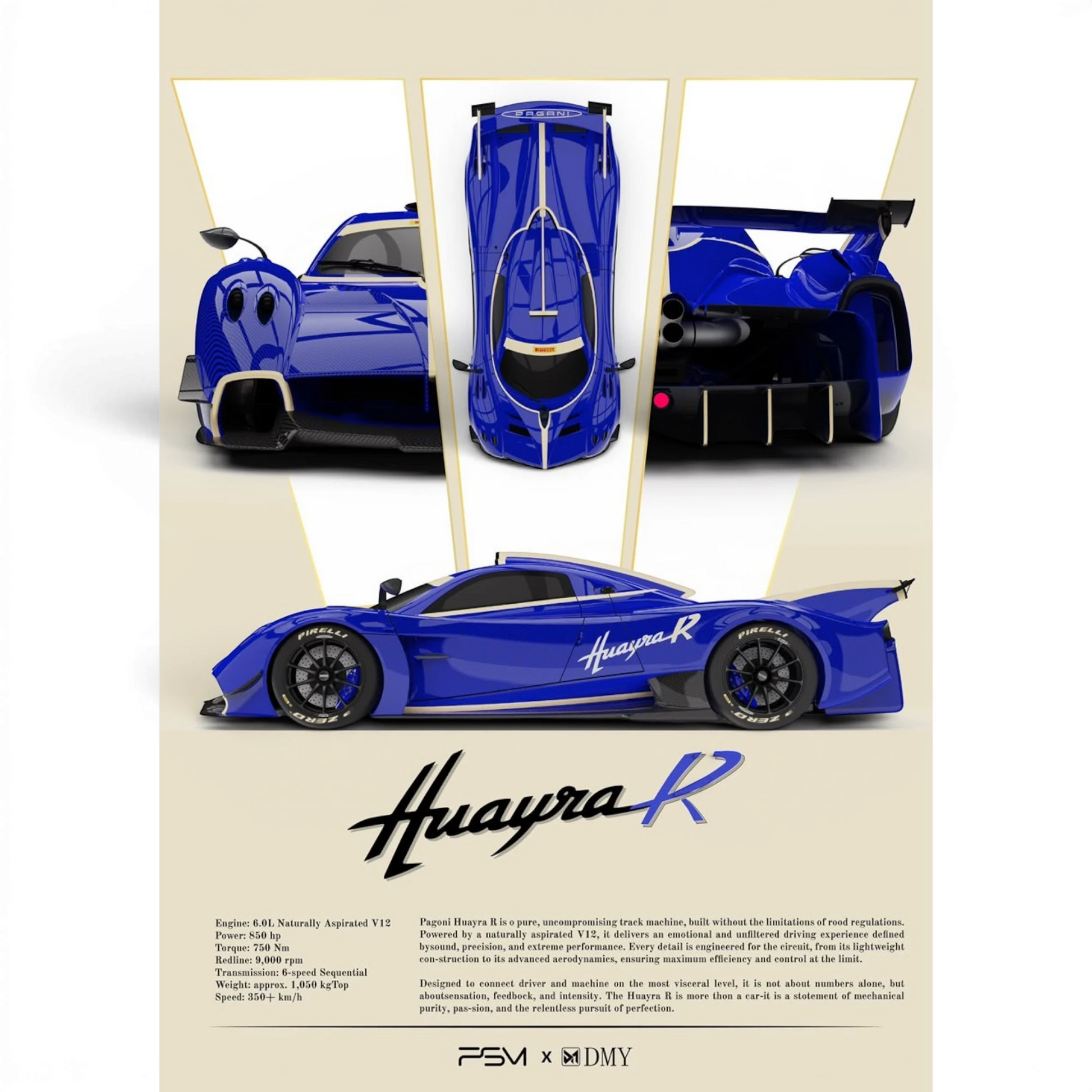 Lot57Supplies Diecast Shop 1:64 scale PSM & DMY Huayra R Sea Salt blue carbon fiber model car promotional poster