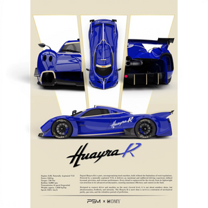 Lot57Supplies Diecast Shop 1:64 scale PSM & DMY Huayra R Sea Salt blue carbon fiber model car promotional poster