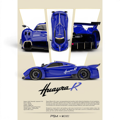 Lot57Supplies Diecast Shop 1:64 scale PSM & DMY Huayra R Sea Salt blue carbon fiber model car promotional poster