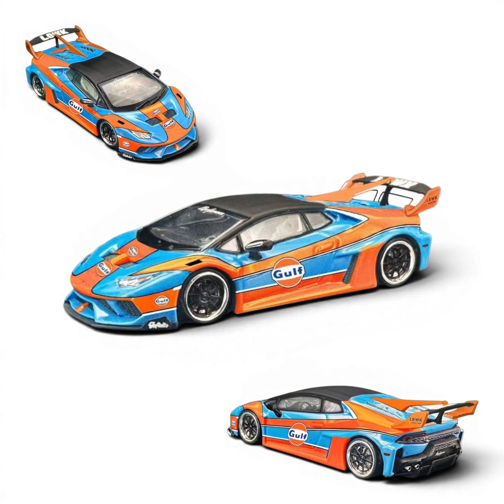 Lot57Supplies Diecast Shop 1:64 scale DAP Huracan LB-Silhouette Works widebody diecast car in iconic Gulf livery.