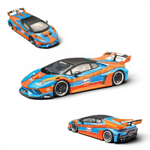 Lot57Supplies Diecast Shop 1:64 scale DAP Huracan LB-Silhouette Works widebody diecast car in iconic Gulf livery.