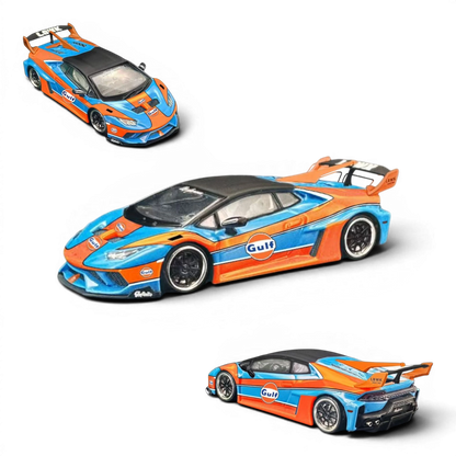 Lot57Supplies Diecast Shop 1:64 scale DAP Huracan LB-Silhouette Works widebody diecast car in iconic Gulf livery.