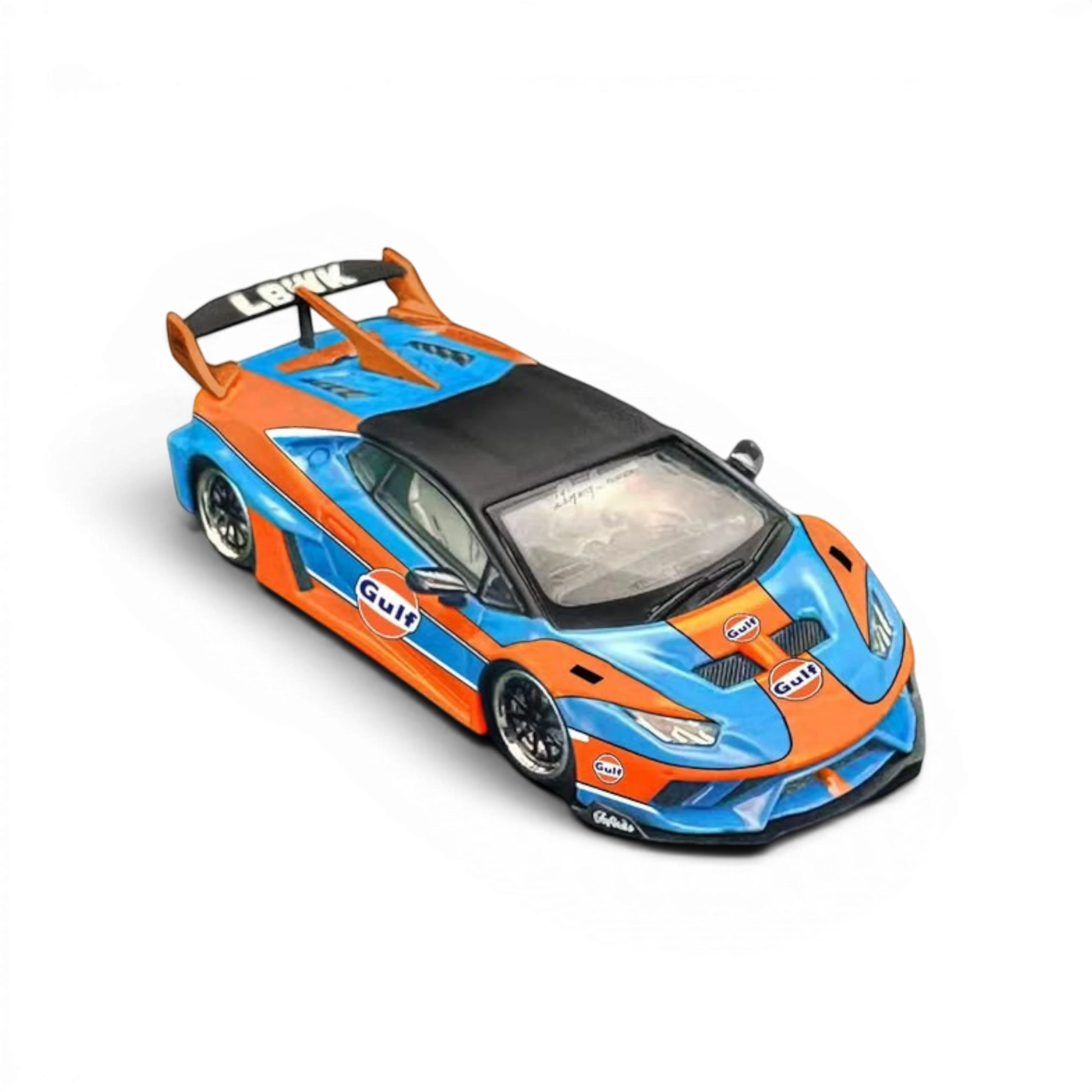 Lot57Supplies Diecast Shop 1:64 scale DAP Huracan LB-Silhouette Works widebody diecast car in blue and orange Gulf livery