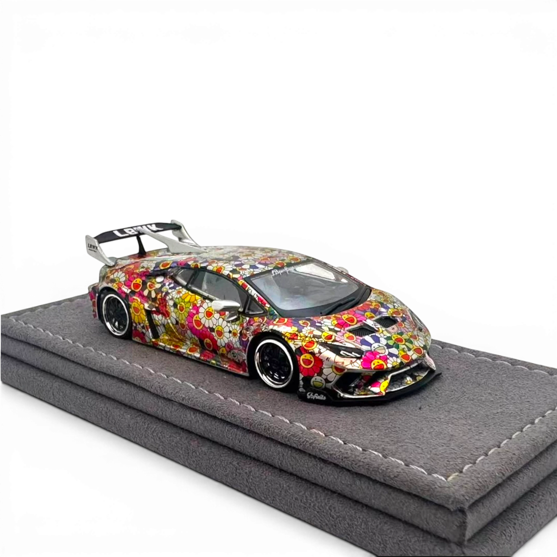 DAP Huracan LP610 LB-Silhouette Works diecast model in KiKi livery on a grey flocked base from Lot57Supplies Diecast Shop