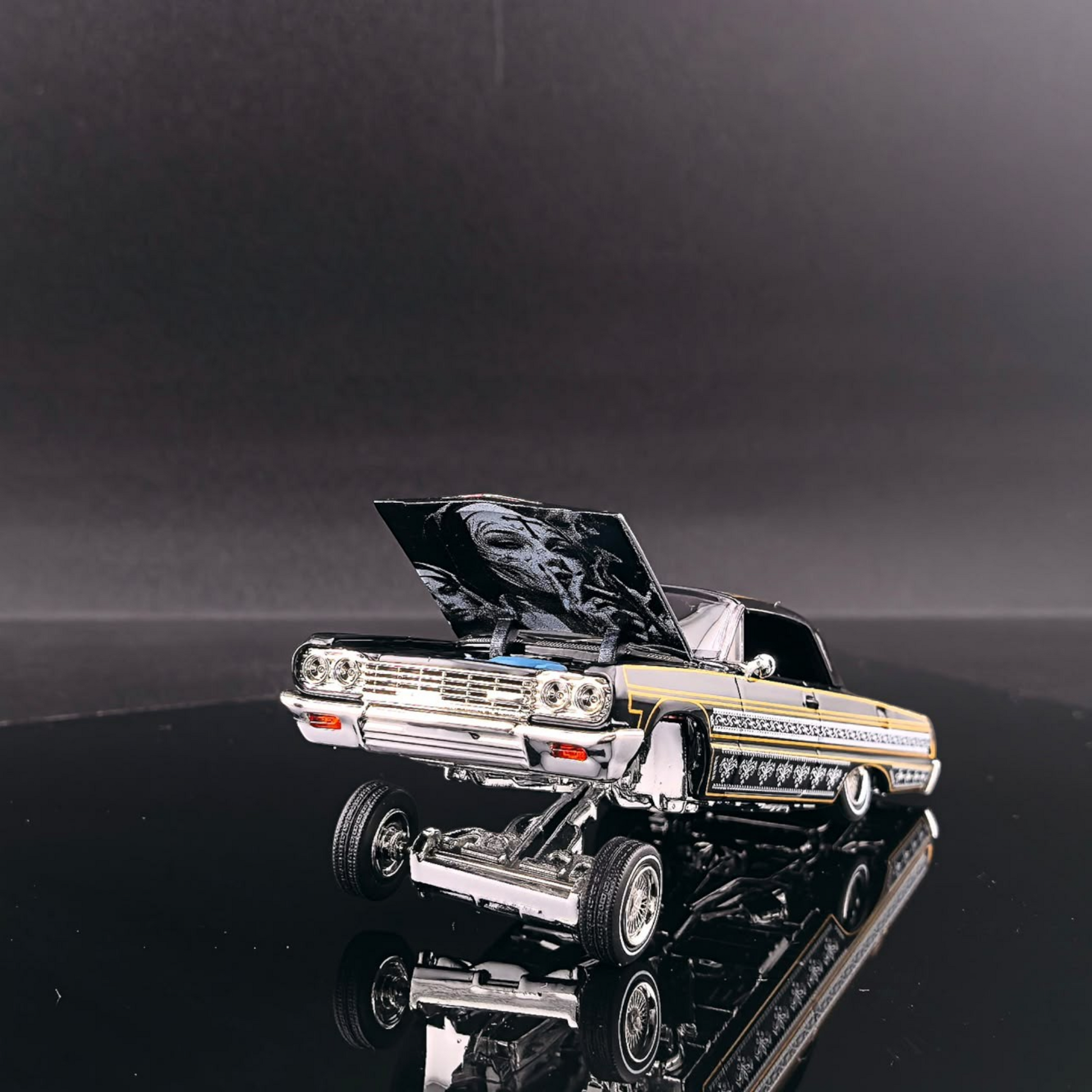 Lot57Supplies Diecast Shop Fine Works64 1:64 scale black and gold Impala lowrider diecast car with hood open