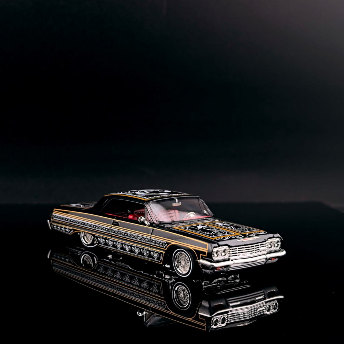Lot57Supplies Diecast Shop 1:64 scale black and gold Impala lowrider diecast car with intricate custom detailing