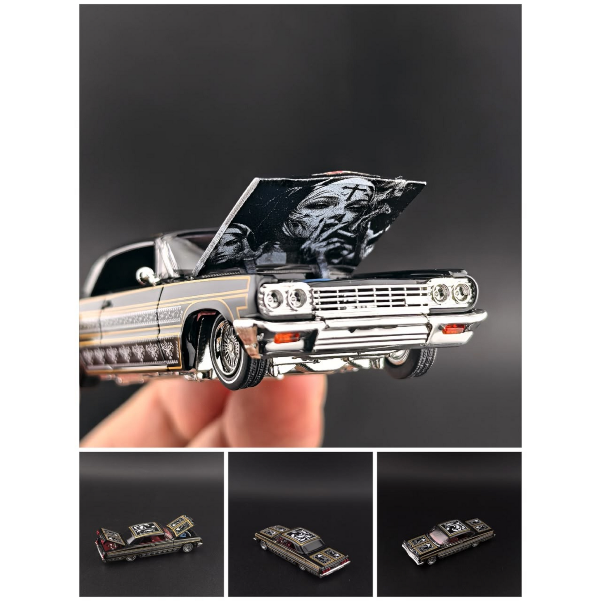 Lot57Supplies Diecast Shop 1:64 scale black and gold Impala lowrider diecast car with detailed hood art