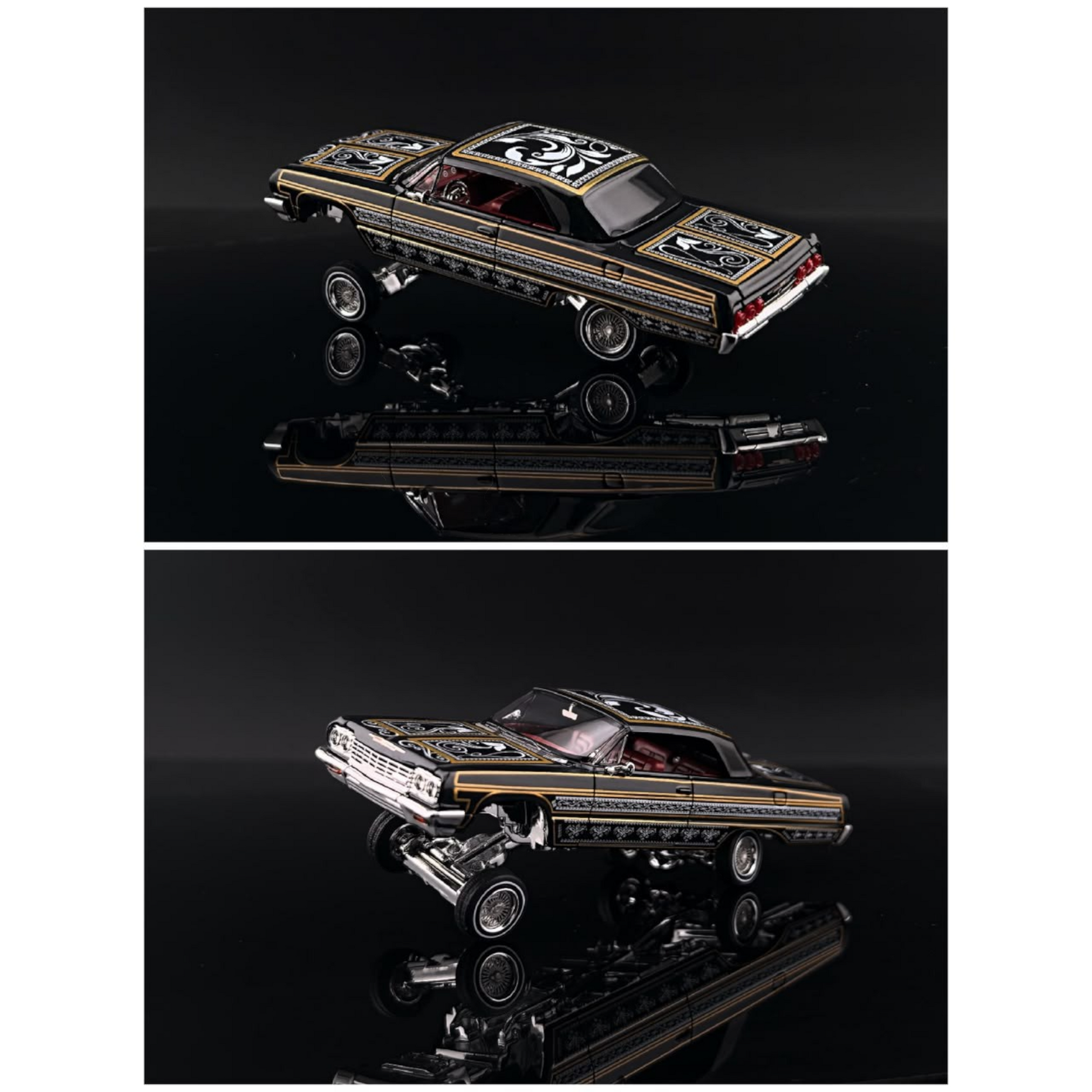 Lot57Supplies Diecast Shop Fine Works64 1:64 scale black and gold Impala lowrider diecast car with intricate detailing