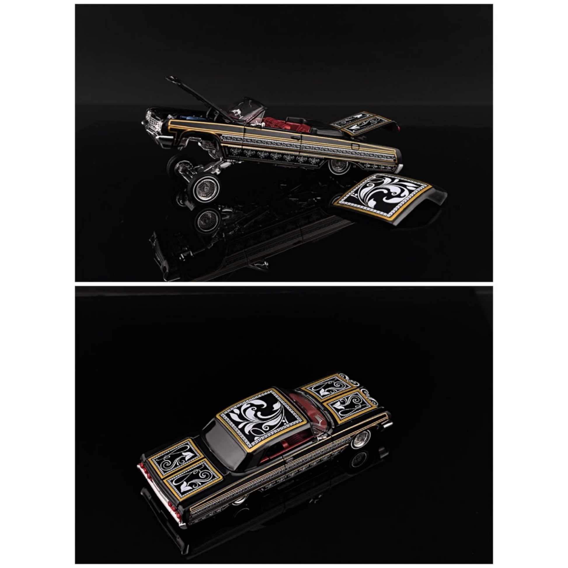 Lot57Supplies Diecast Shop 1:64 scale Fine Works64 Impala lowrider in black and gold with intricate custom detailing