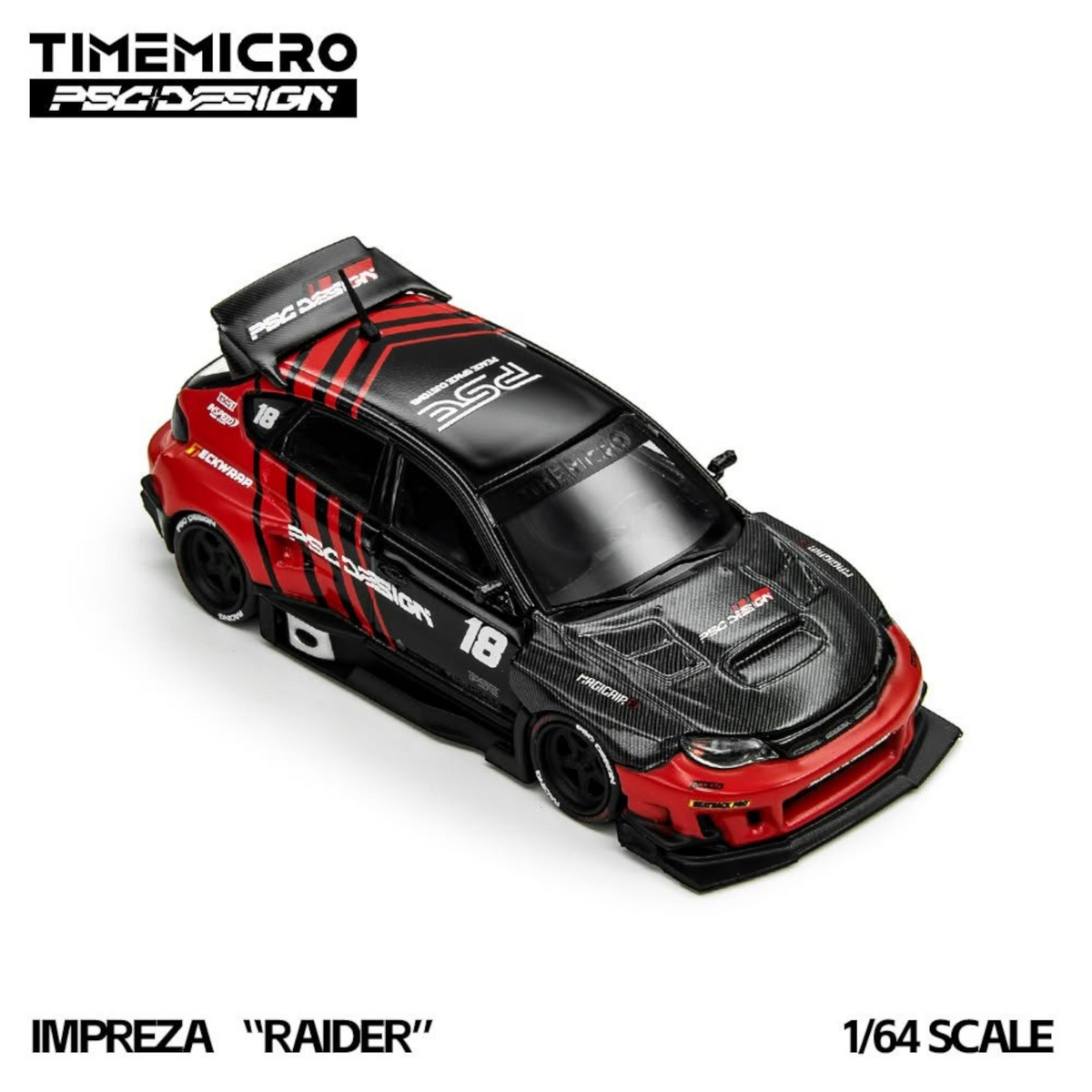 Lot57Supplies Diecast Shop TimeMicro x PSC DESIGN Impreza Raider 1:64 scale diecast car in red and black livery