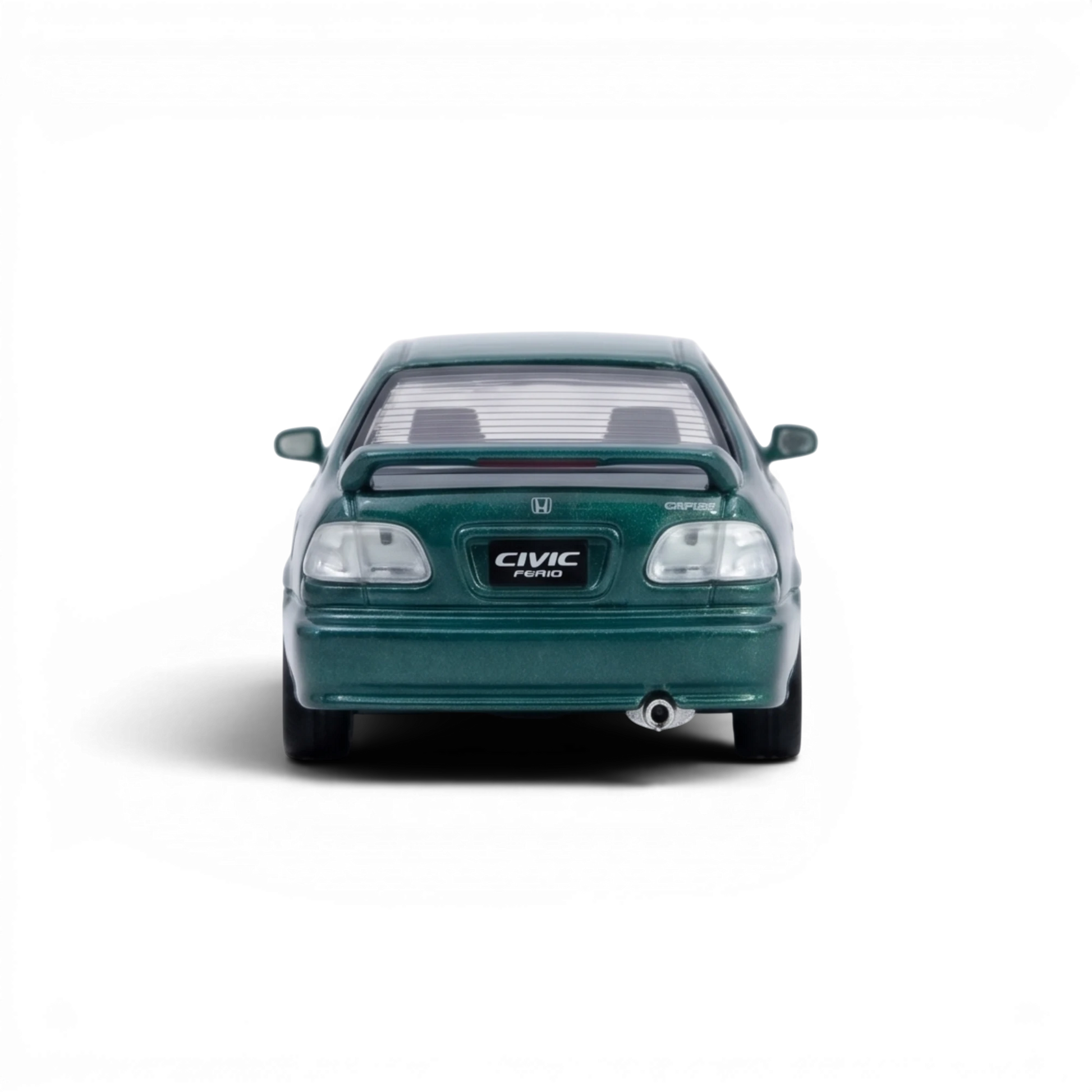 Lot57Supplies Diecast Shop green 1:64 scale Inno64 Honda Civic Ferio Si EK diecast model car with spoiler and chrome exhaust.