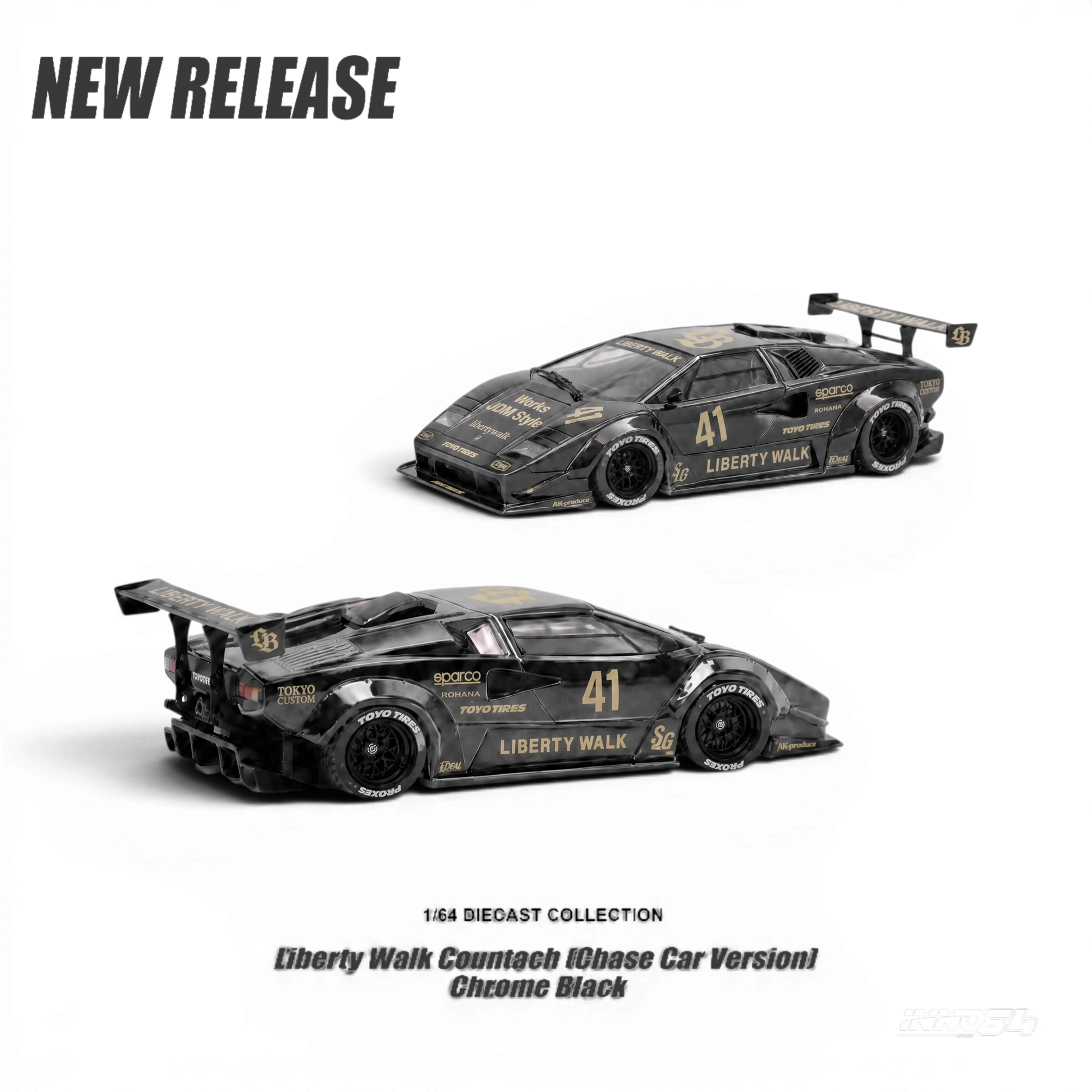 Lot57Supplies Diecast Shop Inno64 Liberty Walk Countach 1:64 scale diecast model car in chrome black with race decals.
